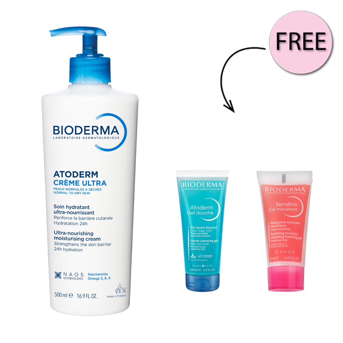 Bioderma Atoderm Creme Ultra-nourishing Cream 500ml +free Atoderm Gel Douche 5ml + Free Sensibio Gel Moussant 8 Ml